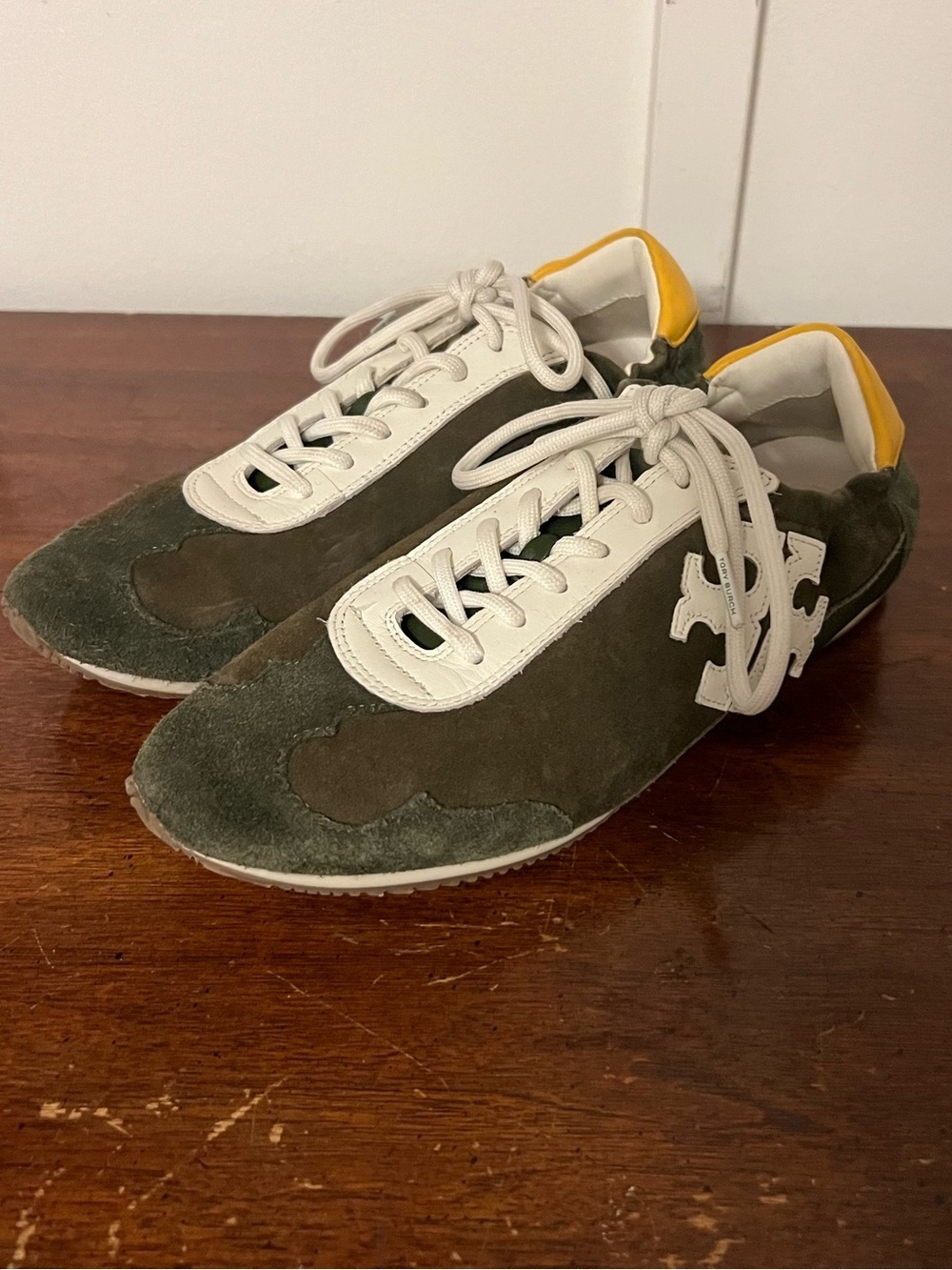 Tory Burch Olive Green Suede Sneakers with White and Yellow Accents size 7.5